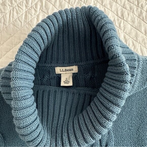 LL Bean Cable Knit Turtleneck Sweater Pullover Thick Cotton Fisherman Teal - Picture 6 of 10
